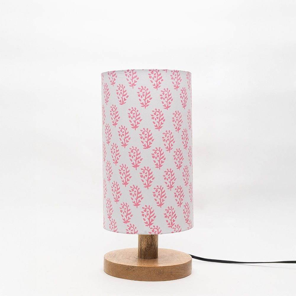 Pink Block Printed Wooden Table Lamp shade | Mango wood Table Lamp