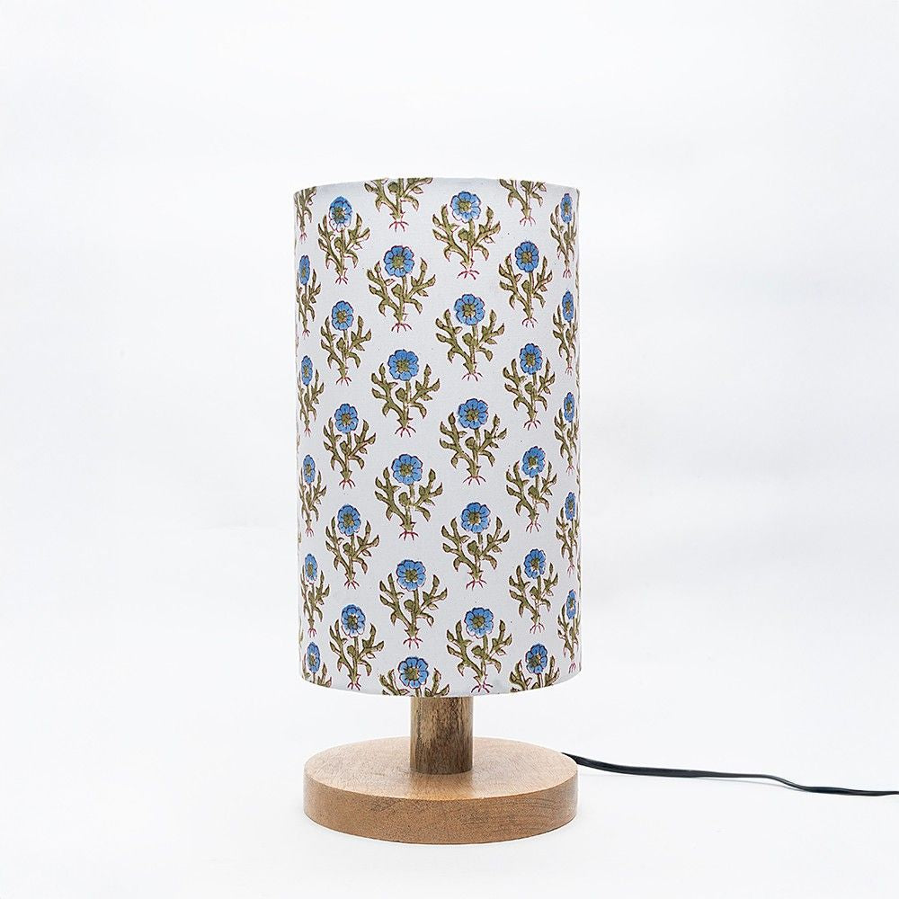 Blue Block Printed Wooden Table Lamp shade | Mango wood Table Lamp