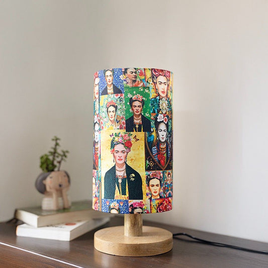 Yellow Frida Kahlo Wooden Table Lamp shade | Mango wood Table Lamp