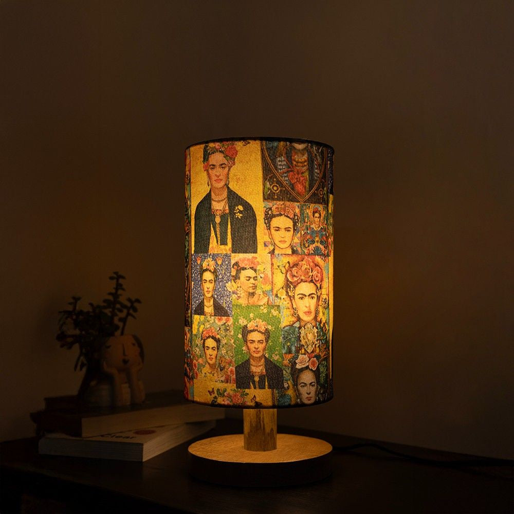 Yellow Frida Kahlo Wooden Table Lamp shade | Mango wood Table Lamp