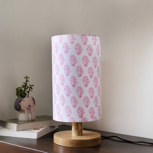 Pink Block Printed Wooden Table Lamp shade | Mango wood Table Lamp