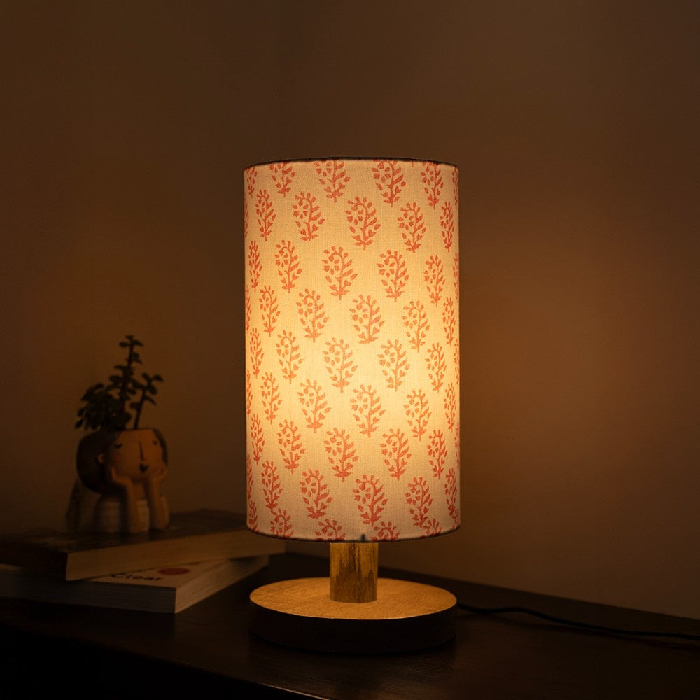 Pink Block Printed Wooden Table Lamp shade | Mango wood Table Lamp