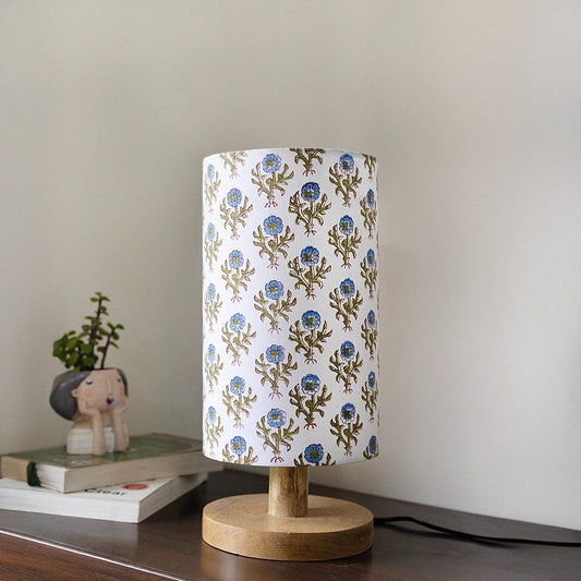 Blue Block Printed Wooden Table Lamp shade | Mango wood Table Lamp