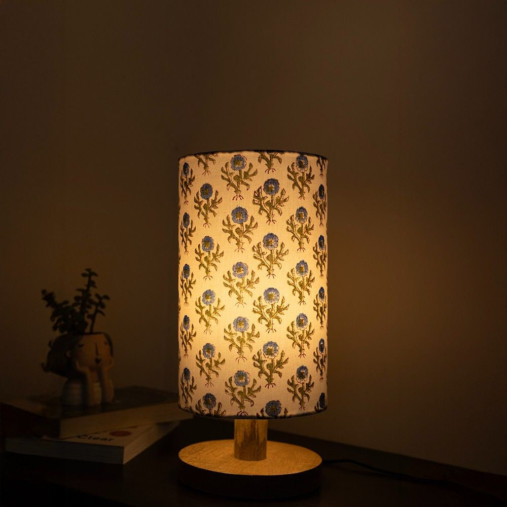 Blue Block Printed Wooden Table Lamp shade | Mango wood Table Lamp