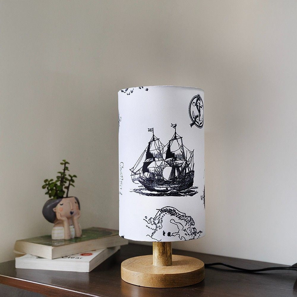 Nautical Print Wooden Table Lamp shade | Mango wood Table Lamp