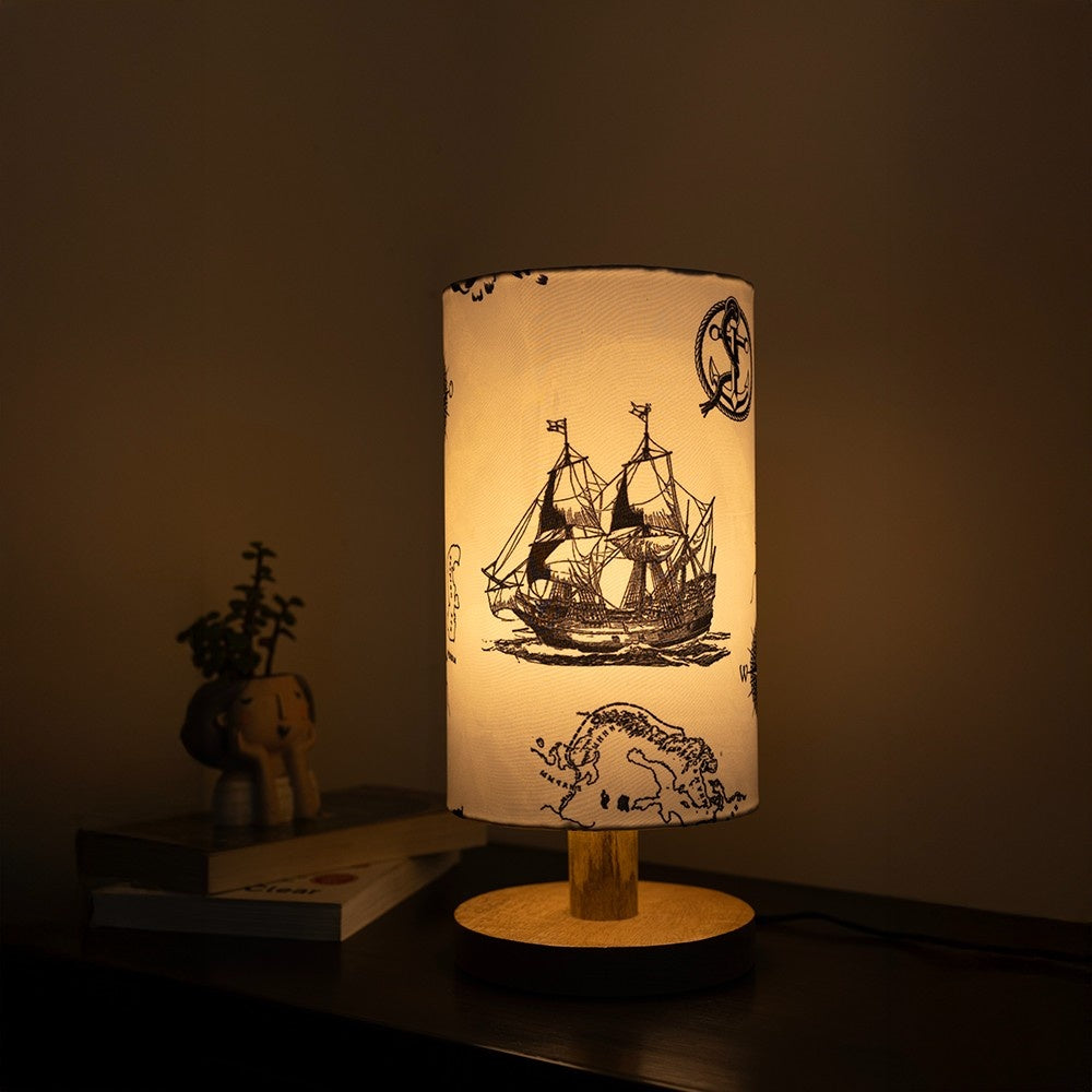 Nautical Print Wooden Table Lamp shade | Mango wood Table Lamp