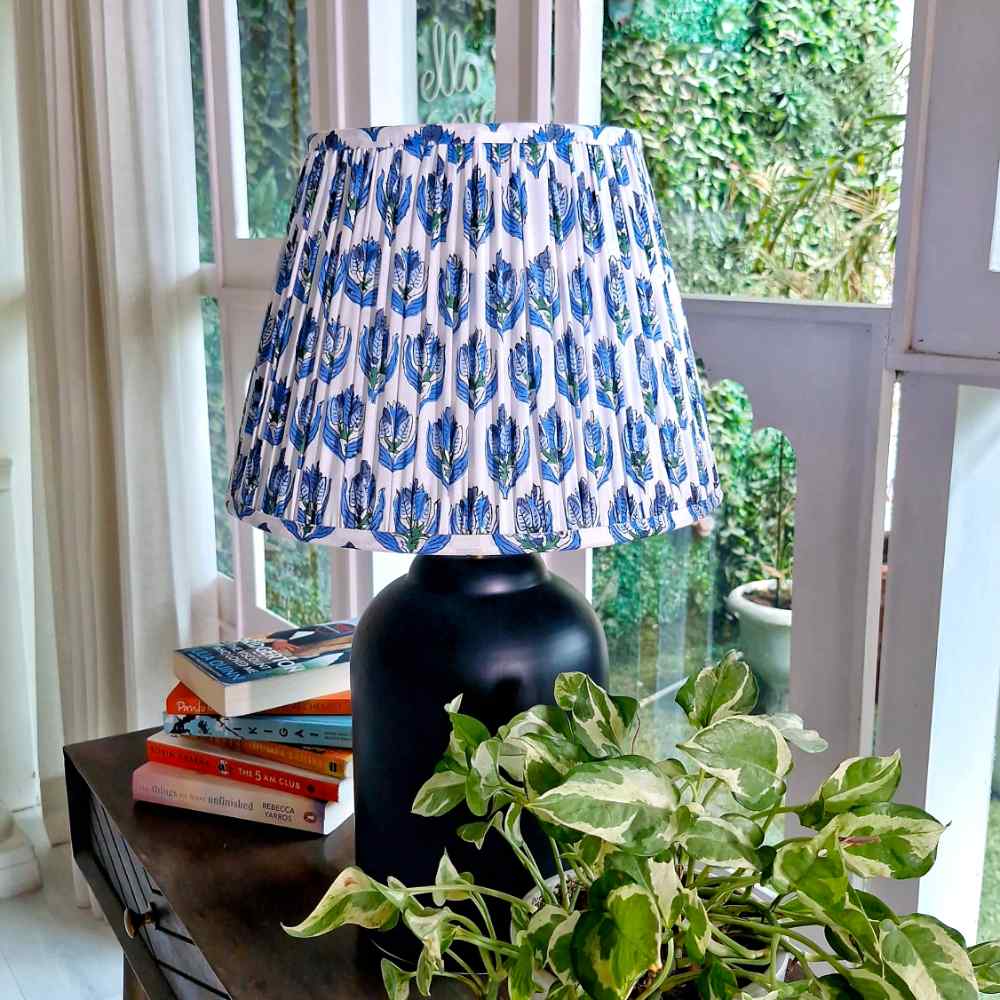 Blue Block Printed Gathered Handmade Lampshade By Phushia
