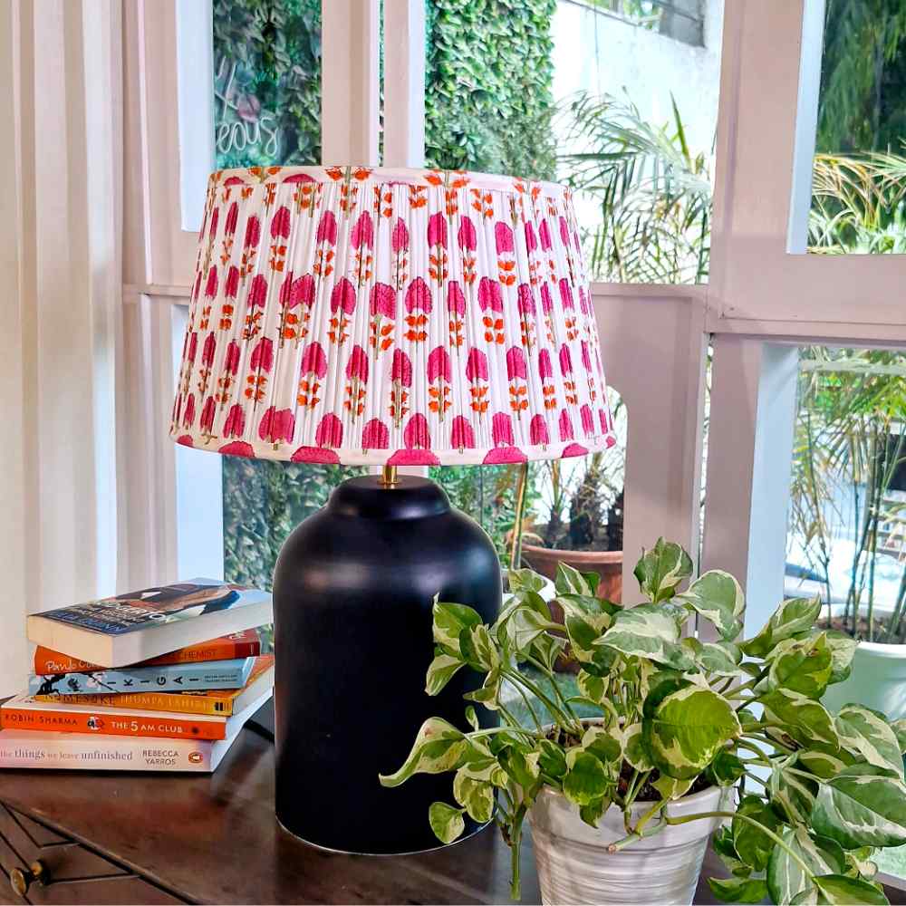 Pink Block Printed Cotton Gathered Lampshade