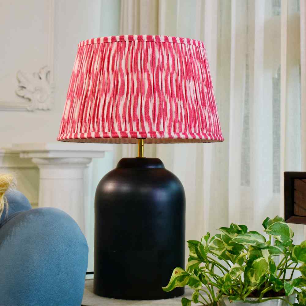 Red Ikkat Printed Cotton Gathered Drum Lampshade