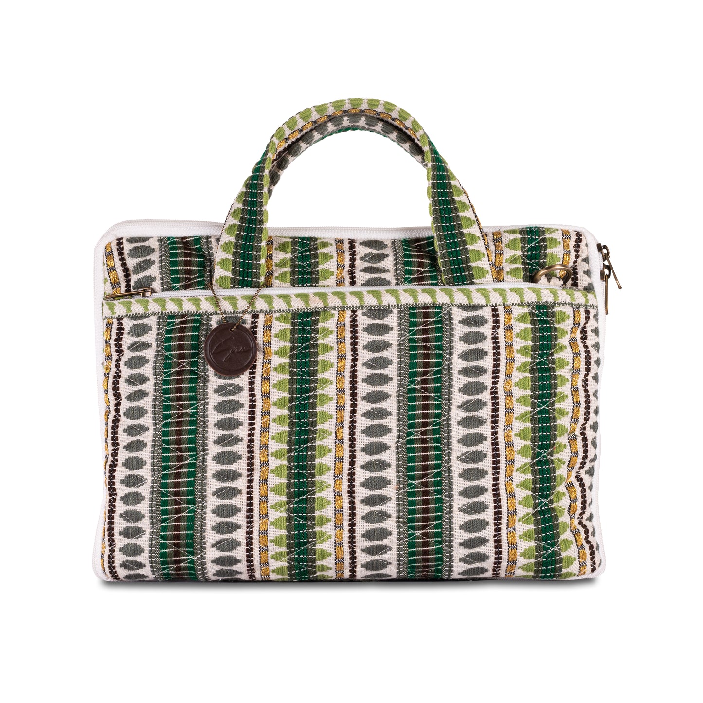 Green Jacquard Fabric Laptop Sleeve / Macbook Sleeve With Handle And Shoulder Strap