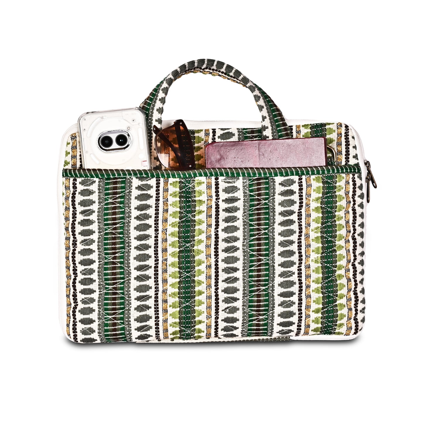 Green Jacquard Fabric Laptop Sleeve / Macbook Sleeve With Handle And Shoulder Strap