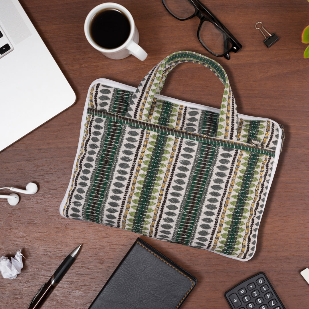 Green Jacquard Fabric Laptop Sleeve / Macbook Sleeve With Handle And Shoulder Strap