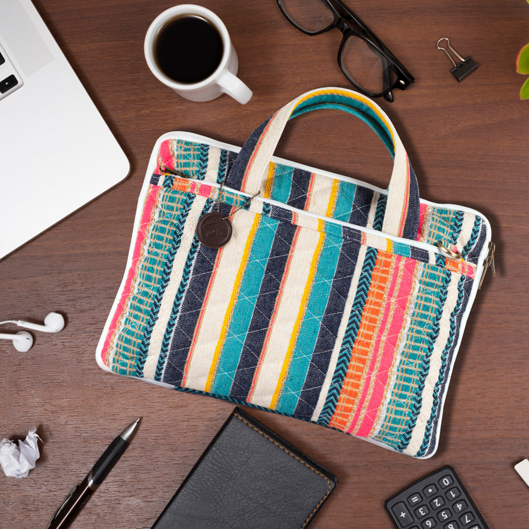 Blue Jacquard Fabric Laptop Sleeve / Macbook Sleeve With Handle And Shoulder Strap