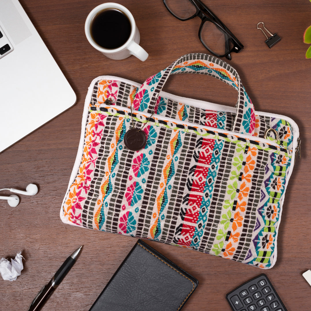 Pink Jacquard Fabric Laptop Sleeve / Macbook Sleeve With Handle And Shoulder Strap