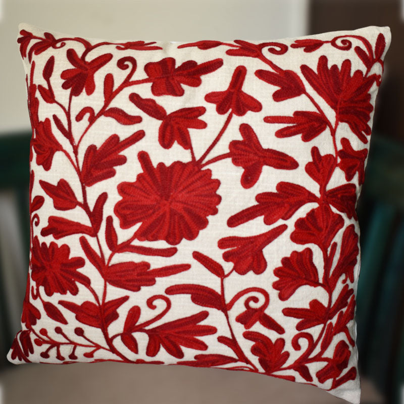 Red Kashmiri Ari Work Embroidery Cushion Cover