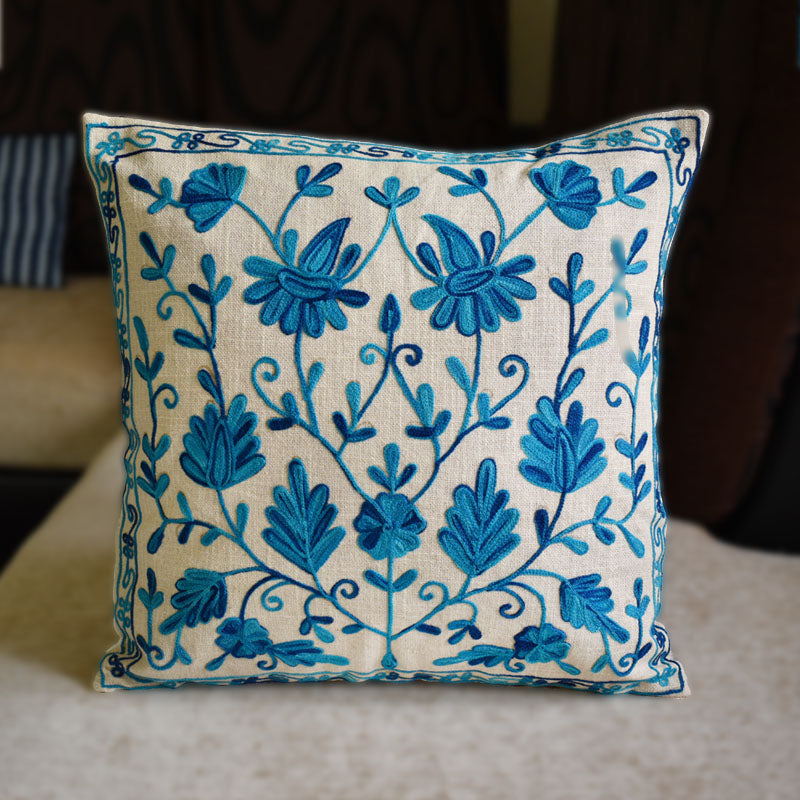 Blue Kashmiri Ari Work Embroidery Cushion Cover
