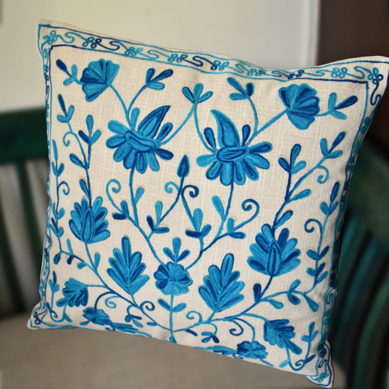 Blue Kashmiri Ari Work Embroidery Cushion Cover