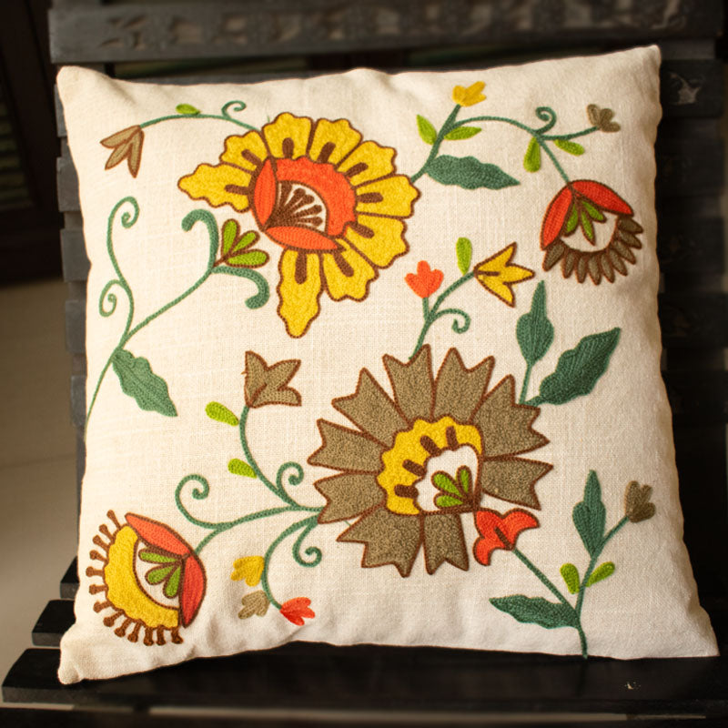 Brown Floral Embroidered Cotton Cushion Covers | Handcrafted Elegance for Sofas & Couches – Phushia