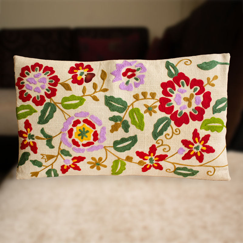 Floral Embroidered Cotton Cushion Cover – Handcrafted Elegance for Your Sofa