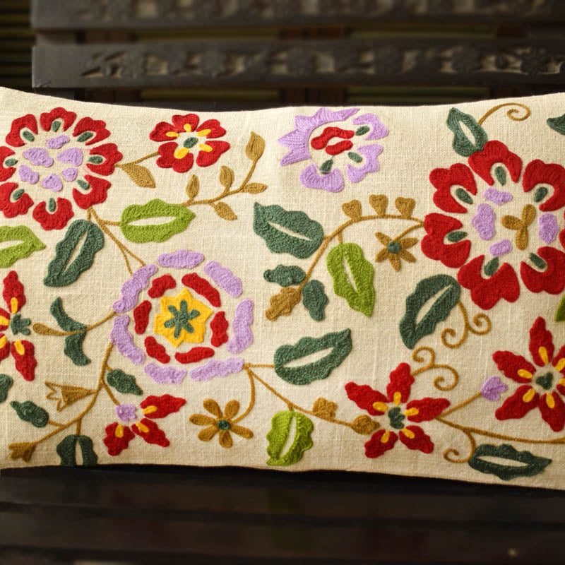 Floral Embroidered Cotton Cushion Cover – Handcrafted Elegance for Your Sofa