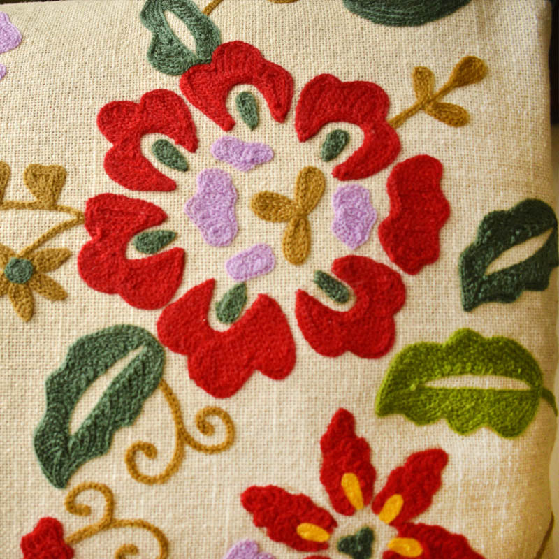 Floral Embroidered Cotton Cushion Cover – Handcrafted Elegance for Your Sofa