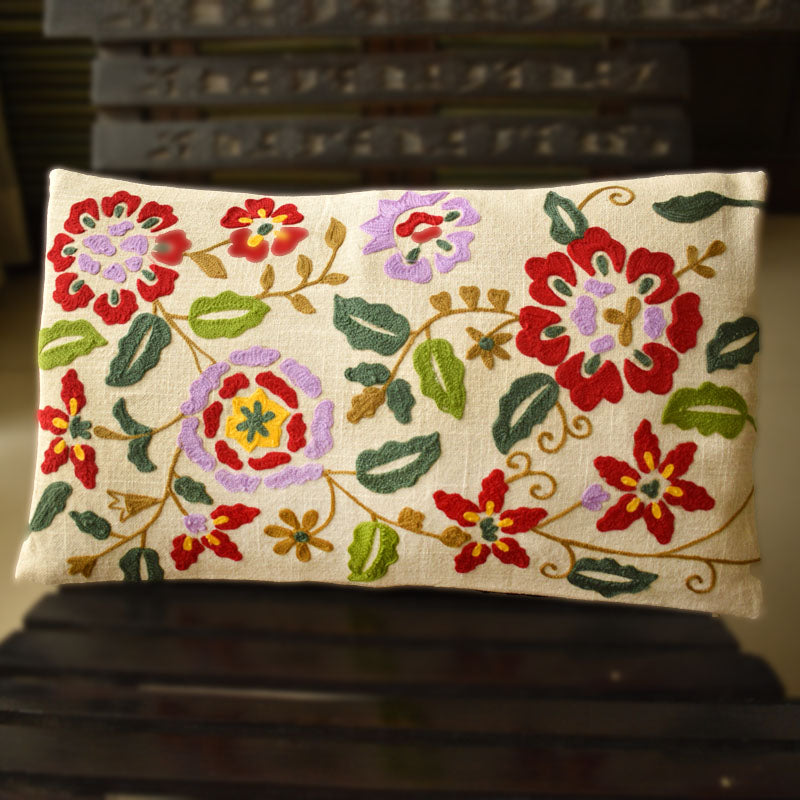 Floral Embroidered Cotton Cushion Cover – Handcrafted Elegance for Your Sofa