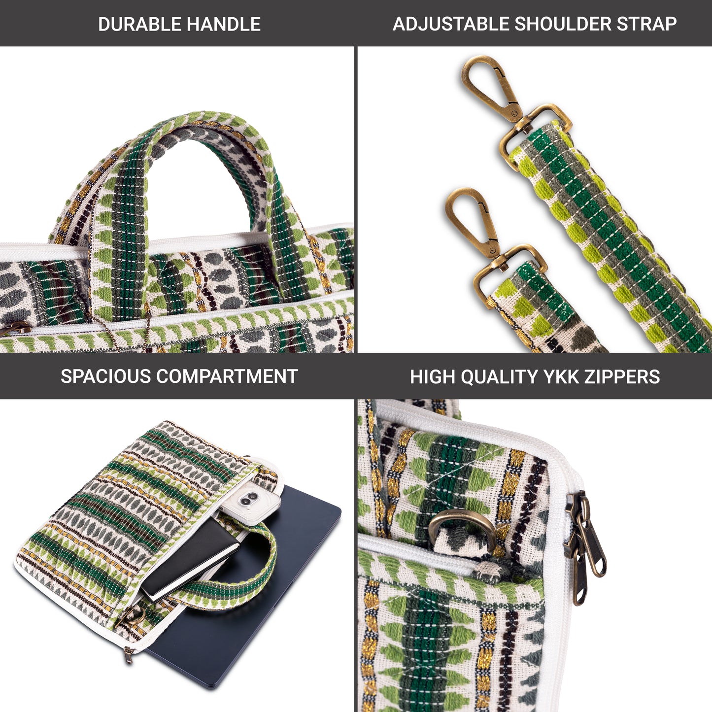 Green Jacquard Fabric Laptop Sleeve / Macbook Sleeve With Handle And Shoulder Strap
