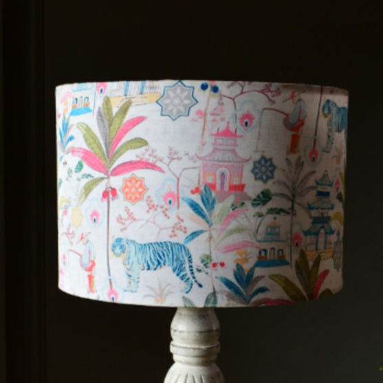 White And Blue Forest Drum Lampshade | Silk Fabric Lampshade