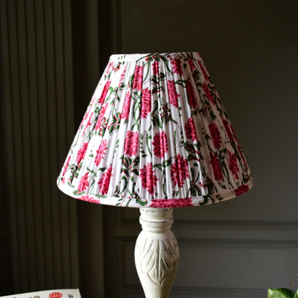 Pink Floral Cotton Block Printed Empire Gathered Lampshade