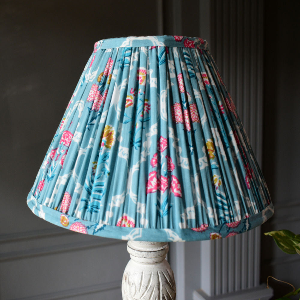 Blue Cotton Block Printed Empire Gathered Lampshade