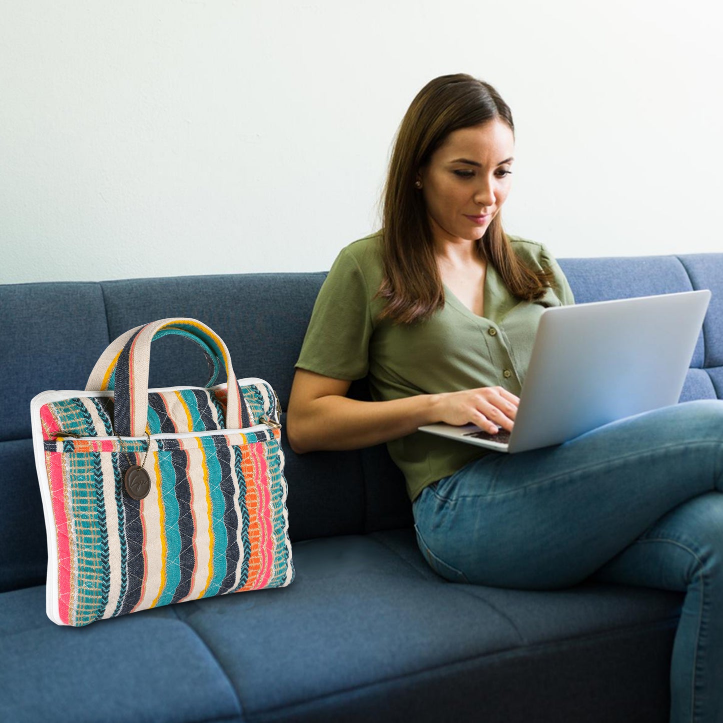 Blue Jacquard Fabric Laptop Sleeve / Macbook Sleeve With Handle And Shoulder Strap