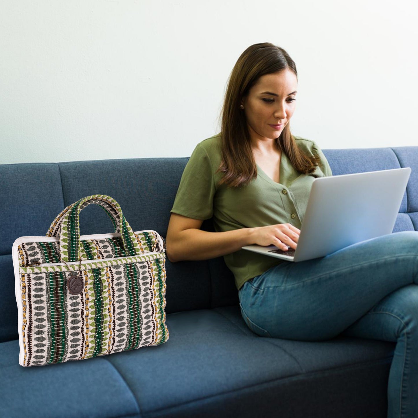 Green Jacquard Fabric Laptop Sleeve / Macbook Sleeve With Handle And Shoulder Strap