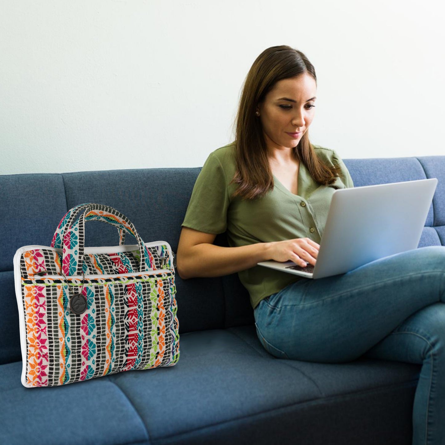 Pink Jacquard Fabric Laptop Sleeve / Macbook Sleeve With Handle And Shoulder Strap