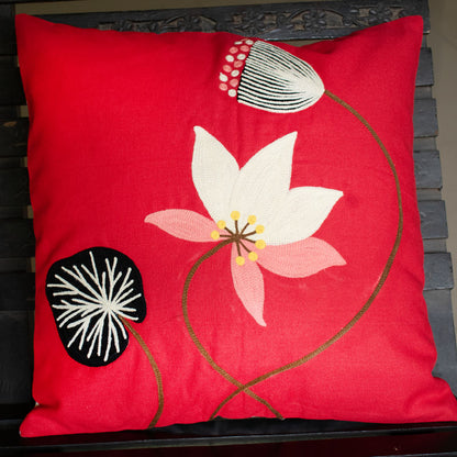 Red Lotus Embroidery Cushion Cover