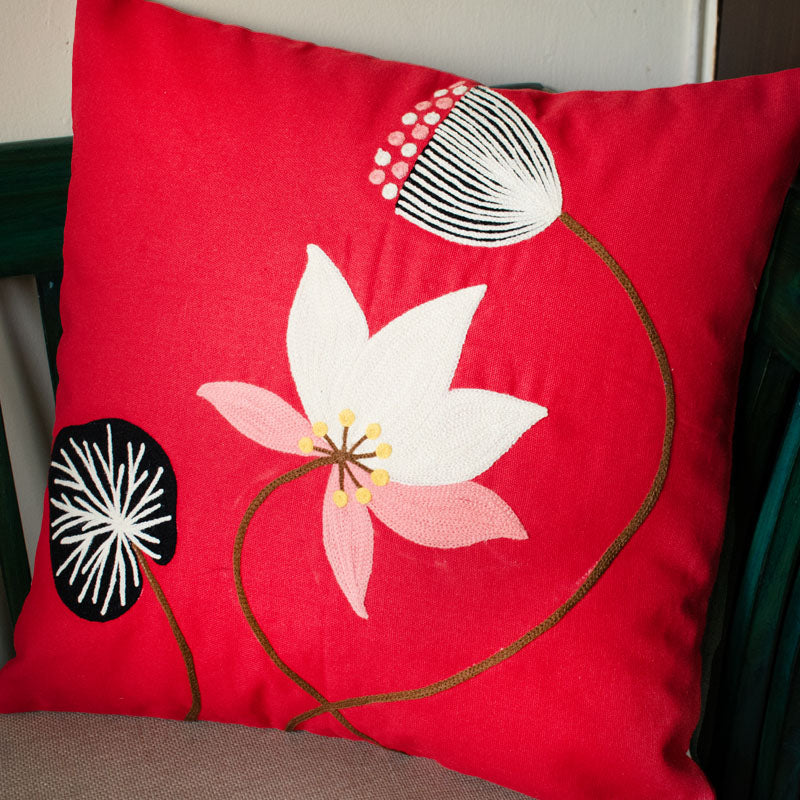 Red Lotus Embroidery Cushion Cover