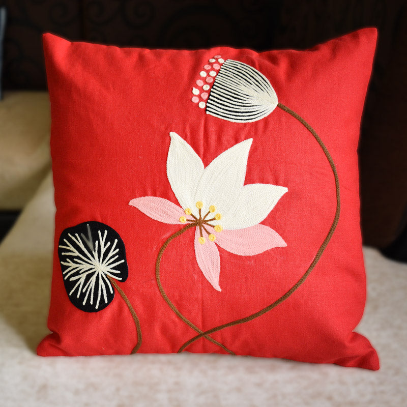 Red Lotus Embroidery Cushion Cover