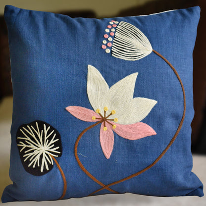 Blue Lotus Embroidery Cushion Cover