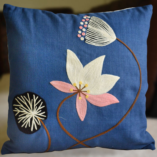 Blue Lotus Embroidery Cushion Cover