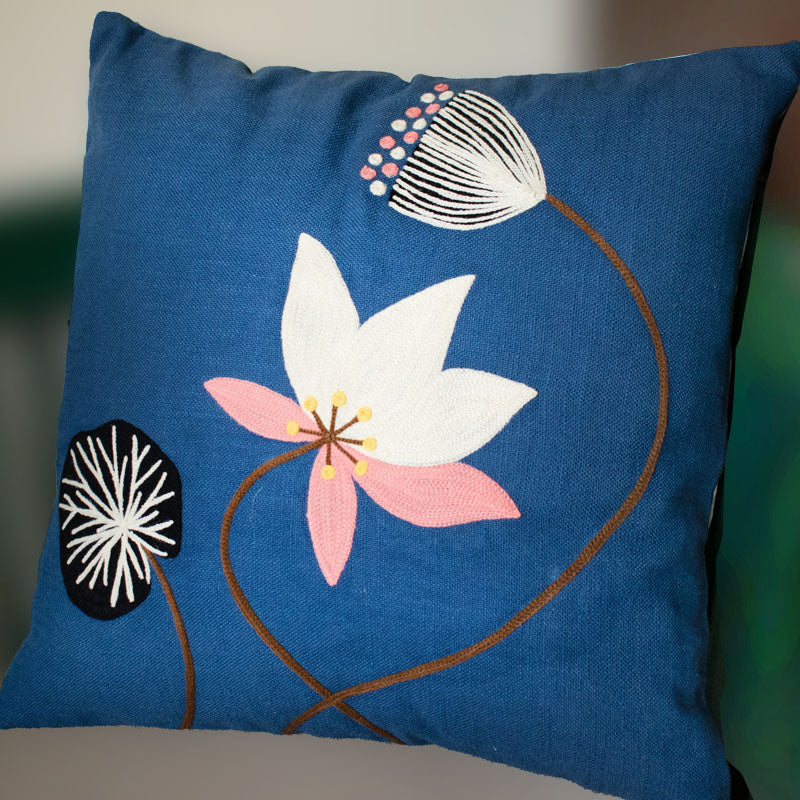 Blue Lotus Embroidery Cushion Cover