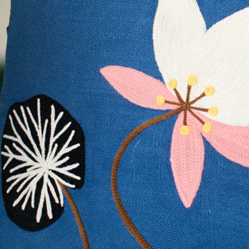 Blue Lotus Embroidery Cushion Cover