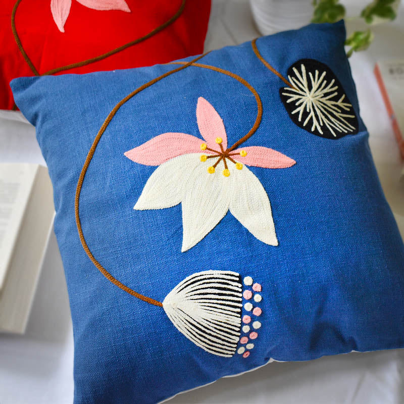 Blue Lotus Embroidery Cushion Cover