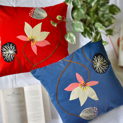 Red Lotus Embroidery Cushion Cover