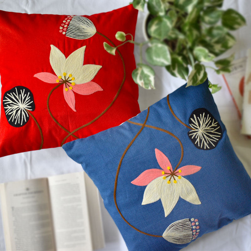 Blue Lotus Embroidery Cushion Cover