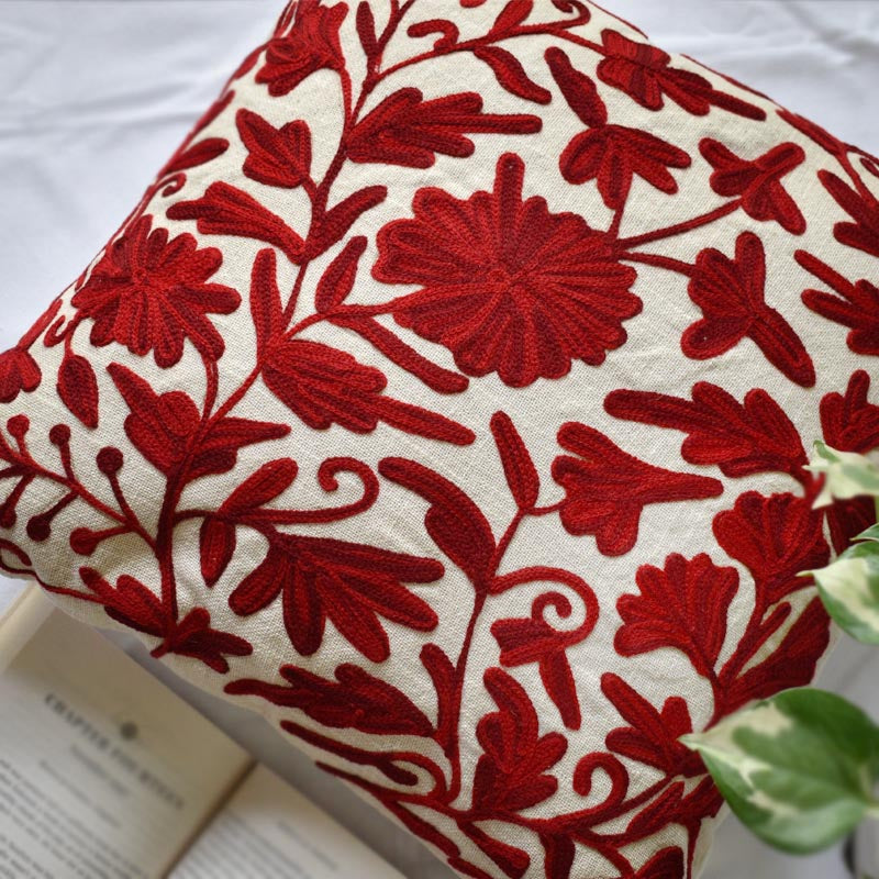 Red Kashmiri Ari Work Embroidery Cushion Cover