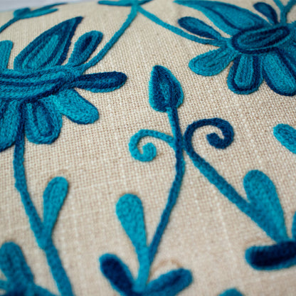 Blue Kashmiri Ari Work Embroidery Cushion Cover