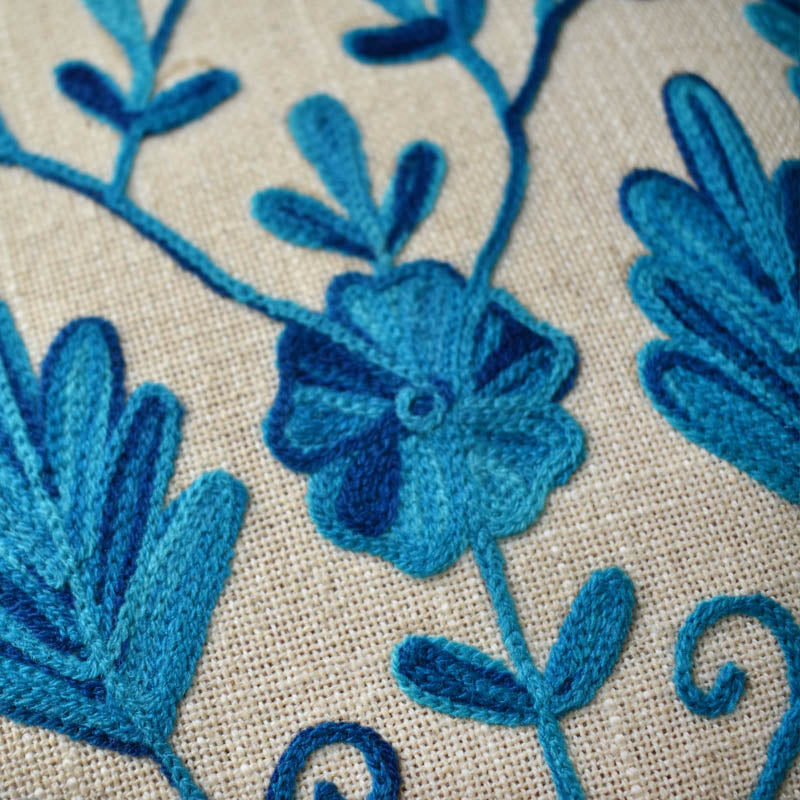 Blue Kashmiri Ari Work Embroidery Cushion Cover