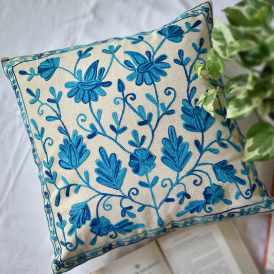 Blue Kashmiri Ari Work Embroidery Cushion Cover