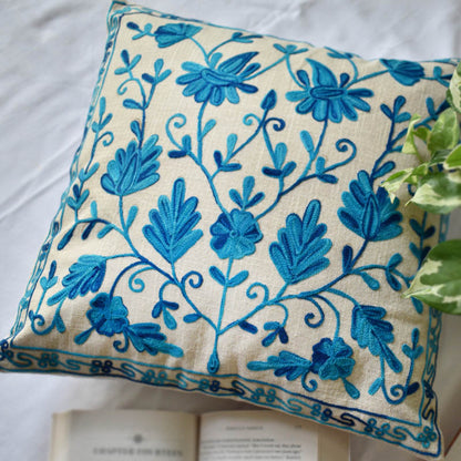 Blue Kashmiri Ari Work Embroidery Cushion Cover