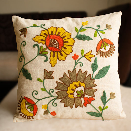 Brown Floral Embroidery Cushion Cover