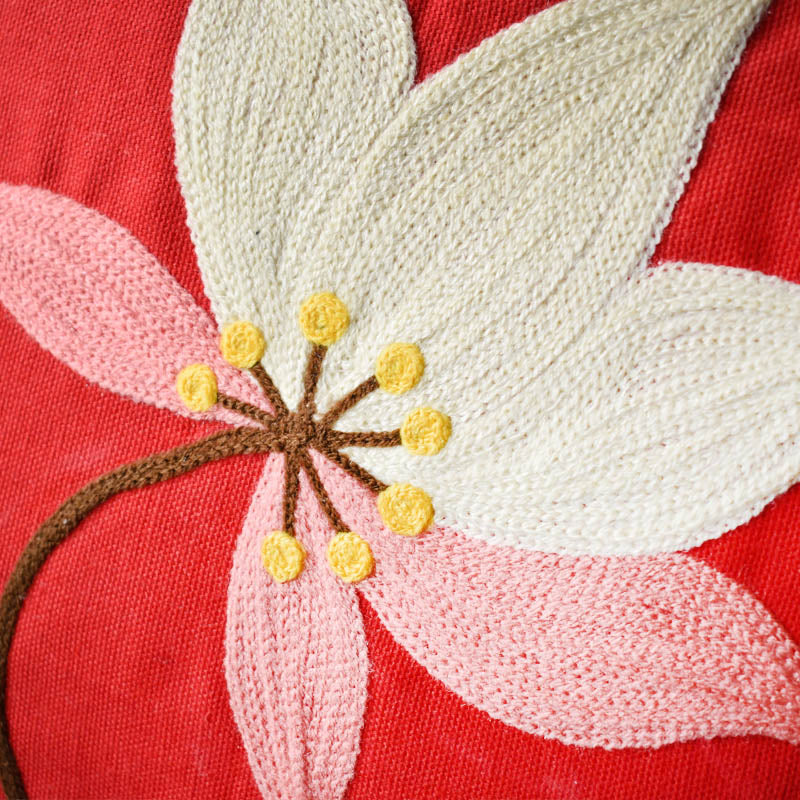 Red Lotus Embroidery Cushion Cover